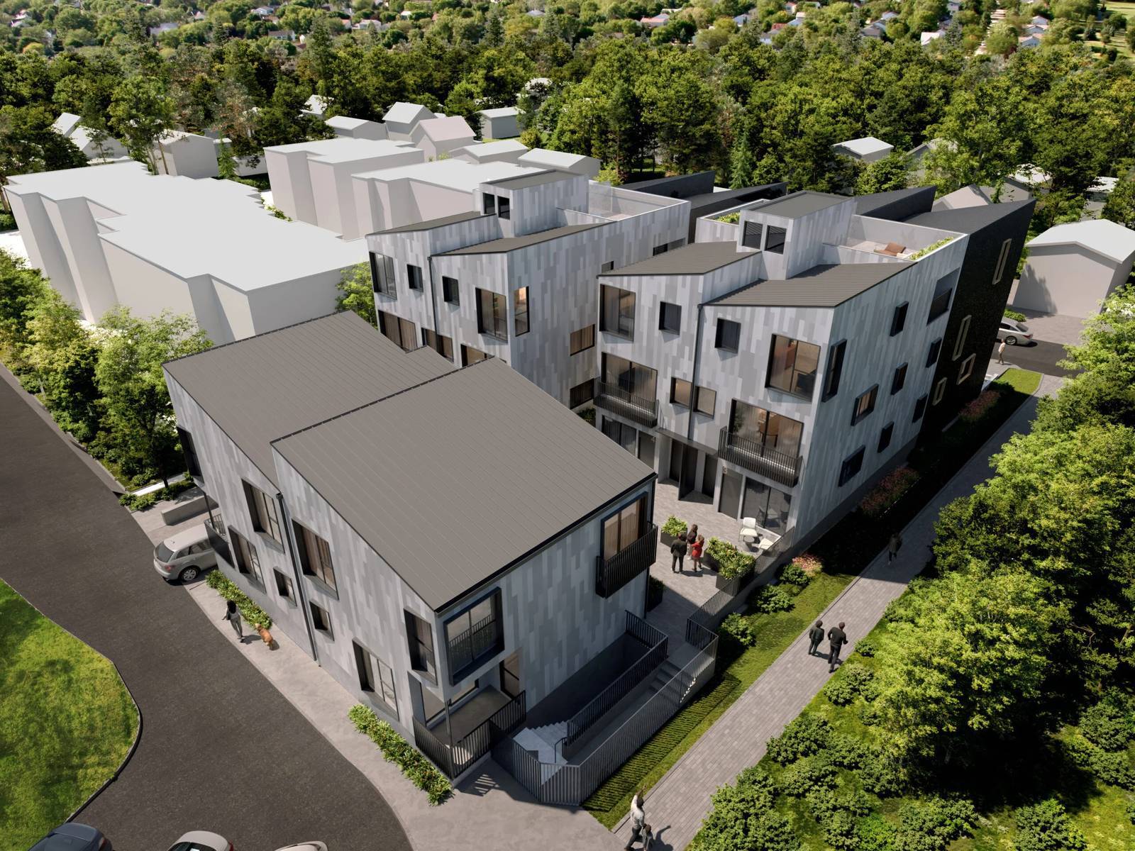 North Vancouver townhouse rendering with metal roofs, shared courtyard, and private balconies