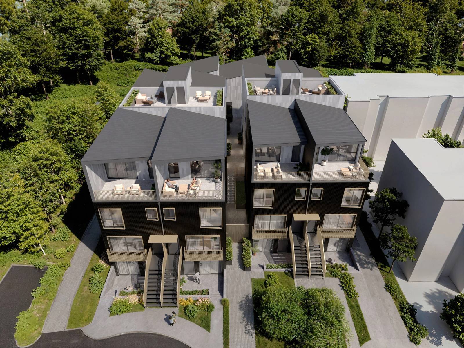 North Vancouver townhouse rendering with rooftop decks, black metal cladding, and exterior staircases
